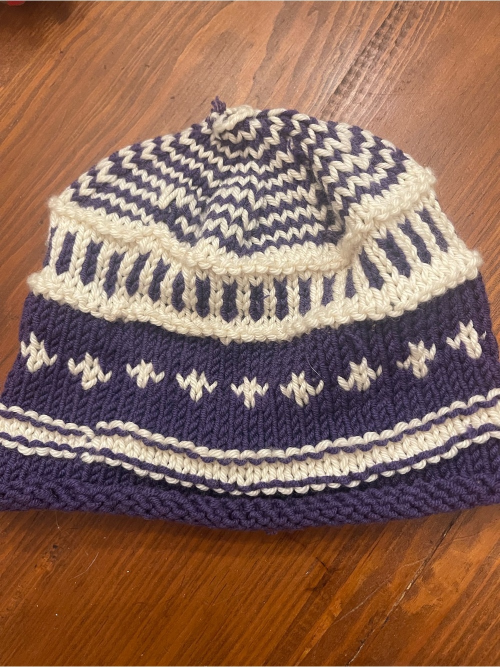 Classic Two-Tone Knit Beanie - Purple and Cream